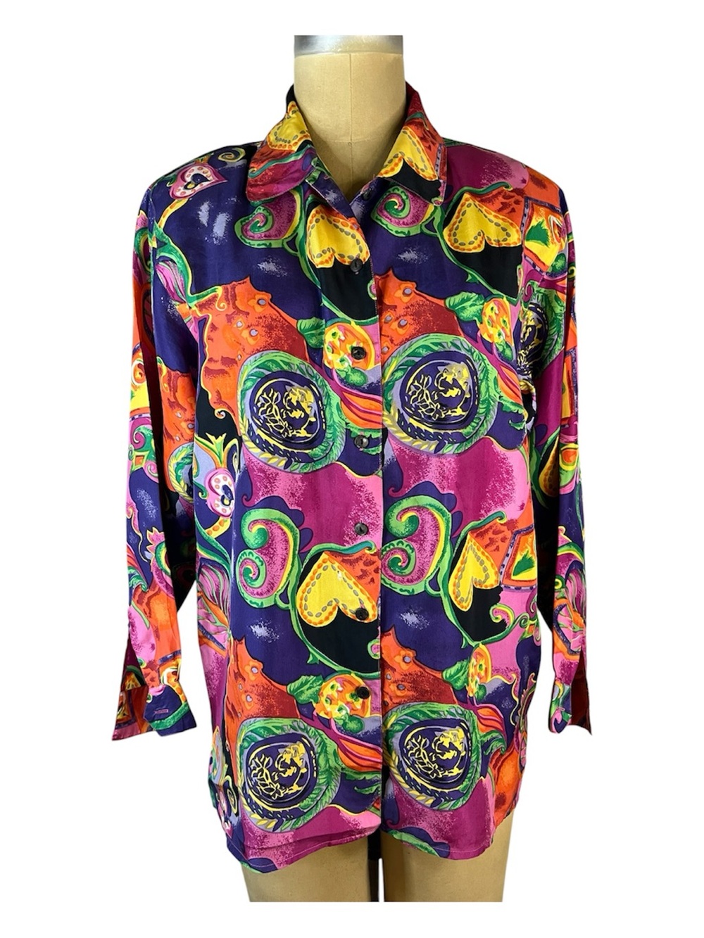 Maximalist Multicolor Silk Vintage Satin Button-Front Blouse